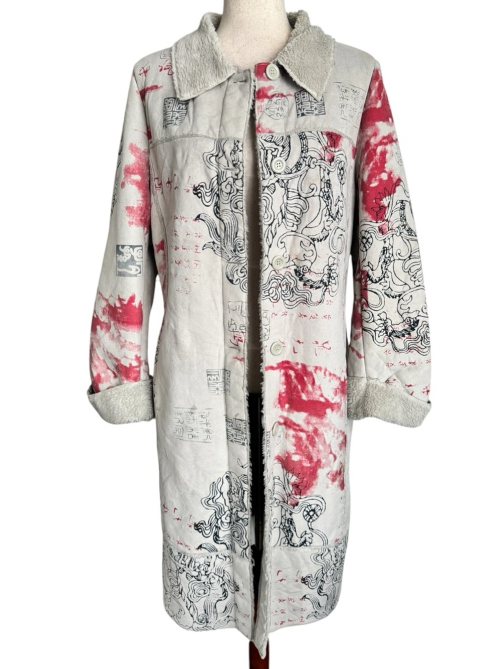 Vintage Faux Suede Chinese Dragon Printed Long Teddy Coat
